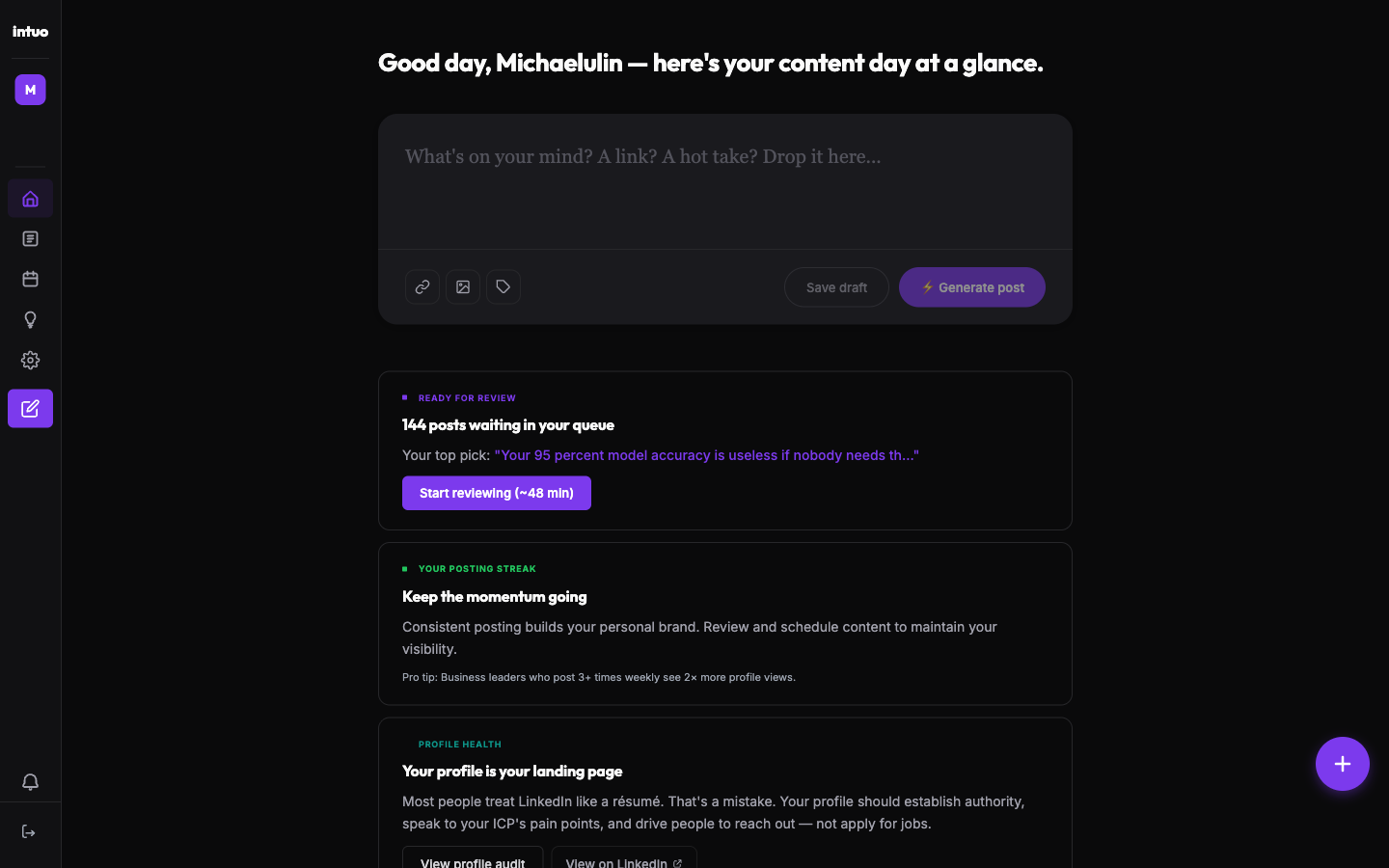 intuo dashboard — weekly LinkedIn posts ready to review